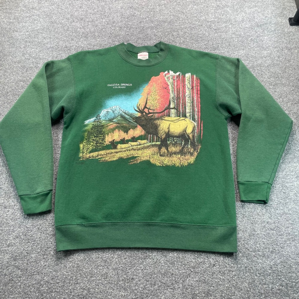 Oneita Sweatshirt Mens Large Green Pagosa Springs Colorado Elk Vintage USA Made